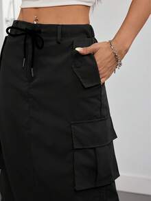 brightphoto Solid Color Retro Utility Skirt, Elegant Drawstring Street Style Everyday Wear, Spring/Summer/Autumn Black - Black - View 4