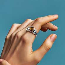 1pc 925 Sterling Silver Vintage Leaf Pattern Inlaid Tiger's Eye Stone Personalized Fashion Ring, Suitable For Everyday Casual Wear, Gift For Family And Friends On Holidays And Birthdays - Antique Silver - View 5
