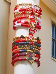 7/8Pcs Game Day Football Sports Themed Polymer Clay Beaded Bracelet Set - Stackable Red White & Red Black Team Spirit Bracelets For Women - Olives - View 9