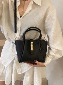 Bolso de cesta de moda para mujer, adecuado para salir, citas, ir al trabajo, puede contener cuaderno, cosméticos, billetera, teléfono, bolso de hombro con decoración de candado, estilo elegante para señoritas jóvenes