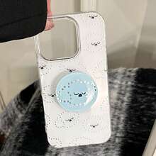 1 件白色可爱波尔卡圆点卡通动物表情镀金支架手机壳，创意猫狗设计，兼容 17、16 Pro Max、15、13，防摔硬壳 - 白色 - 查看 3