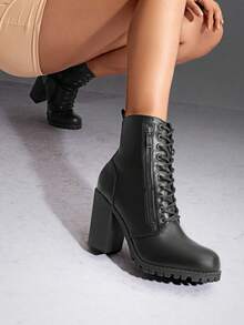 Women's Combat Ankle Boots Chunky Heel Lace Up Fashion Heeled Booties - 黑色 - 查看 3