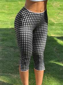 Women's Retro Skinny Fit Gingham Capri Pants With Delicate Lace Trim Side Slit Comfortable Cropped Trousers For Casual Daily Outfits - 黑色 - 查看 2