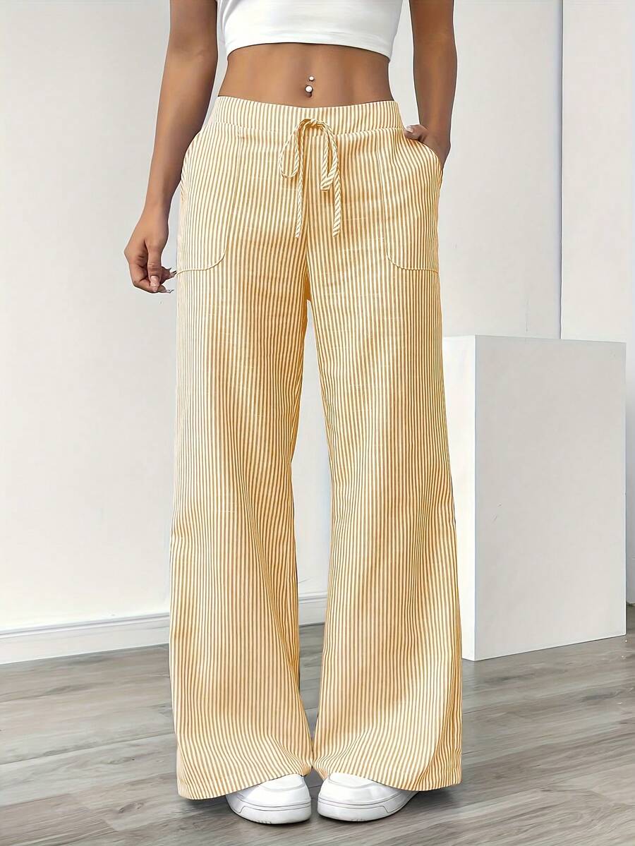 Women's Striped Wide-Leg Casual Pants - Comfortable And Stylish For All Seasons, Straight-Leg Design With A Waistband, Suitable For Everyday Wear And Festive Gatherings, Casual Wear | Striped Pattern | Comfortable Style,Vertical Stripe Drawstring Wide-Leg Pants: Slimming Fit, Comfort For Daily/Street;Relaxed Wide-Leg Trousers: Striped Design, Drawstring Waist, Versatile Outfits - Màu vàng - Xem 1