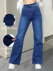 Pantalones vaqueros azules de tiro alto con corte de campana, elásticos y cómodos, versátiles para uso casual - Azul lavado medio - Ver 1