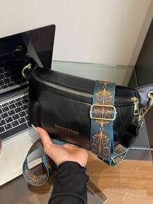 [Chic 2025 时尚单肩包] 深棕色/黑色几何印花宽肩带斜挎包 - 2025 女士时尚单肩包 - 耐用 PU 配涤纶衬里，都市复古风格新时尚大容量高端韩版休闲简约轻便百搭，复古休闲复古风格，字母印花，可调节肩带，女士单肩斜挎包手提包