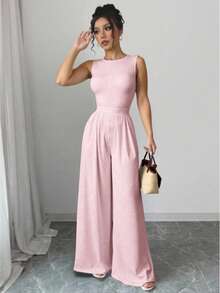 Palazzo casual cuello redondo alzado cintura ajustada detalle fruncido sin manga pierna amplia suelta mujer verano otoño comodidad frescura - Rosa Pálido - Ver 1