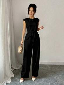 Palazzo mujer Casual de Escote Redondeado y Detalle cinturón, Pierna Amplia y Suelta para Mujer Primavera / Verano con elegancia sutil mono jumpsuit - Negro - Ver 1