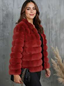 Abrigo Elegante de Color Sólido con Parte Delantera Abierta y de Peluche, Envolvente para Mujer Ideal para Otoño/Invierno - Rojo - Ver 1