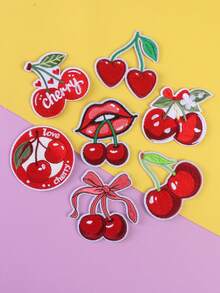 12pcs Red Letter Bow Cherry Embroidered Patches, DIY Iron-On Sewing Applique For Clothing, Shoes, Bags, Accessories - Multicolor - View 2