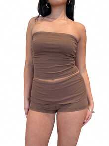 Autumn Clothes Women's Workout Shorts Set Slim Fit Solid Color Strapless Tops And Mid Rise Shorts 2 Pcs Outfits - Marrón Chocolate - Ver 7