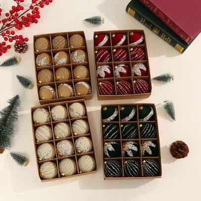 12个/套 6厘米植绒水钻圣诞球，多色精致植绒水钻圣诞树装饰品，适合圣诞节假日装饰。[产品特点：部分球体可能存在轻微掉色、轻微划痕或胶水溢出，但不影响整体外观和使用。请以实物为准。] 圣诞装饰 家居 圣诞礼物 圣诞装饰品