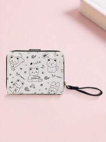 New Korean Style Folding Buckle Short Women's Wallet, Japanese Cute Cat Cartoon Integrated Card Holder, Student Bag, Zipper Coin Purse Wallet - màu đen - Xem 3
