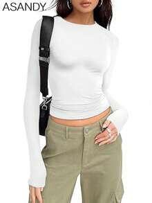 3pcs/Set Women Solid Color Crew Neck Long Sleeve T-Shirts, Slim Fit Casual Pullover Tops, Spring/Autumn - Multicolor - View 5