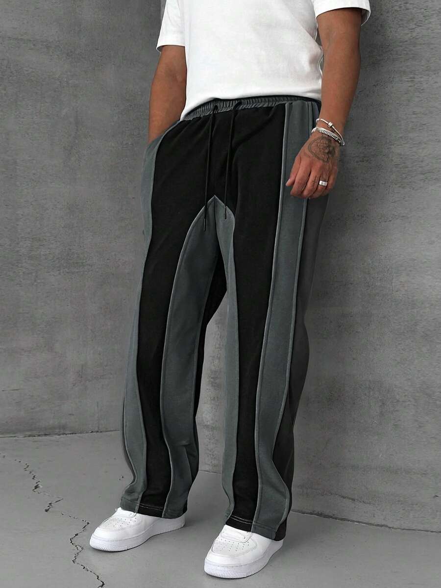 Casual Patchwork Contrast Color Drawstring Loose Wide Leg Men Pants, Fall - Màu xám đen - Xem 1