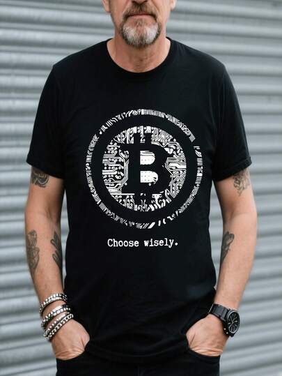 Camiseta con estampado gráfico de Bitcoin, Camiseta de cuello redondo casual de algodón para hombres YYZ2, de manga corta, con un ligero estiramiento, ajuste regular, para uso casual diario y de fin de semana