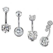 14G 不锈钢肚脐环，心形 CZ 肚脐铃穿孔，可爱肚脐穿孔首饰，适合女性 - 銀色 - 查看 12