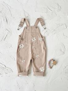 Baby Girls' Casual All-Over Embroidered Floral Light Blue Suspender Pants, Summer