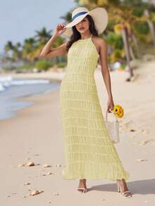 Women's Ruched Bodycon Long Dress Sleeveless Backless Solid Color Dress Cocktail Party Dress - Yellow - View 11