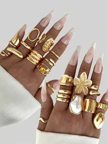 20 件优雅奢华派对风格淡紫色女士金色戒指套装，花卉仿珍珠，几何线条设计，适合日常、派对、节日、婚礼、时尚珠宝 - 款式8 - 查看 6