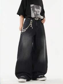 1 chiếc quần jeans ống rộng dáng rộng thoải mái, đa năng Justice Brother dành cho nam (không bao gồm thắt lưng và phụ kiện) - màu đen - Xem 4