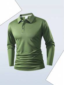 男士翻领长袖修身三扣设计常规版型商务休闲 Polo 衫，适合日常通勤、春秋季节 - 綠色 - 查看 6