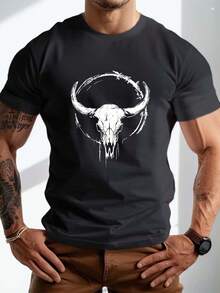 Plus Size Men's Summer T-Shirt, Western Bull Skull Art Graphic Print Short Sleeve Tees  Casual Tops For Daily Life, Big & Tall Guys - 黑色 - 查看 13