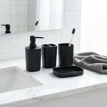 4pcs Bathroom Accessories Set, Including Soap Dispenser, Toothbrush Holder, Cotton Swab Holder, Complete Bathroom Accessories - Black - View 2