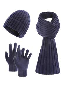 3 件套男士时尚简约纯色条纹针织帽、围巾和手套套装，秋冬季温暖户外运动休闲旅行配件（送给丈夫或男朋友的完美礼物）冬季保暖