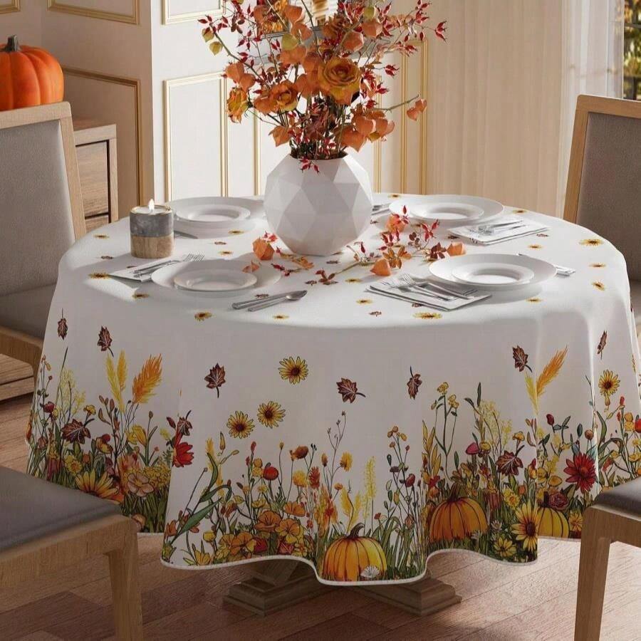 XCHI Fall Color Wild Flowers Pumpkin Tablecloth Round Washable Table Covers For Home Party Decorations 70x70 Inch