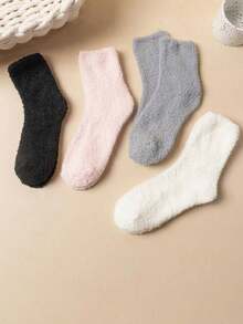 4 perechi de șosete pentru femei, alb-negru, groase și pufoase, simple, confortabile, care absorb umezeala, potrivite pentru orice tip de încălțăminte, ideale pentru întoarcerea la școală, Eid, asortarea pijamalelor, toamna - Multicolor - Vizualizare 3