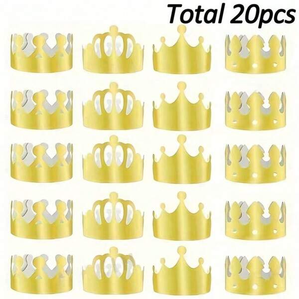 20pcs Gold Paper Crown - Birthday Decorative Hats, Disposable Event And Party Supplies