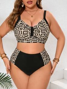 European And American New Women's Large Size Bikini High Waist Stitching Fashionable Sexy Plaid Print Split Swimsuit Swimsuit - 薑色 - 查看 5