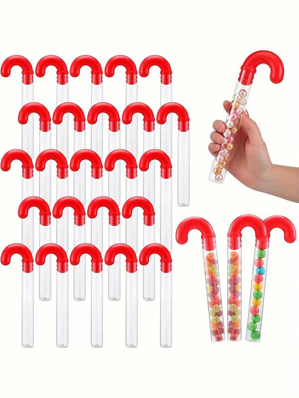 10pcs Large Candy Cane Plastic Tubes, Transparent With Red Lid, Christmas Party Supplies, Festive Gift Filler For Christmas, Home & Kitchen Party Favors