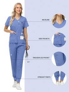 Pants Sets Short Sleeved Top Scrub Solid Color Surgical Gowns Hospital Accessories Manicurist Beautician Nursing Scrub Sets Women - Baby Blue - View 2