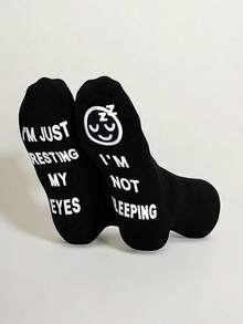 1 Pair Men's Socks, "I'm Not Sleeping, I'm Just Resting My Eyes", Floor Socks, Non-Slip Socks, Funny Socks - Black and White - View 1