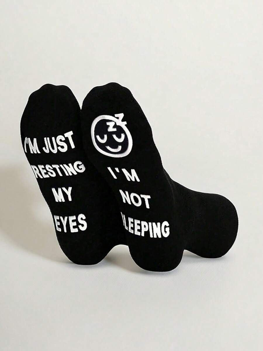 1 Pair Men's Socks, "I'm Not Sleeping, I'm Just Resting My Eyes", Floor Socks, Non-Slip Socks, Funny Socks - Black and White - View 1