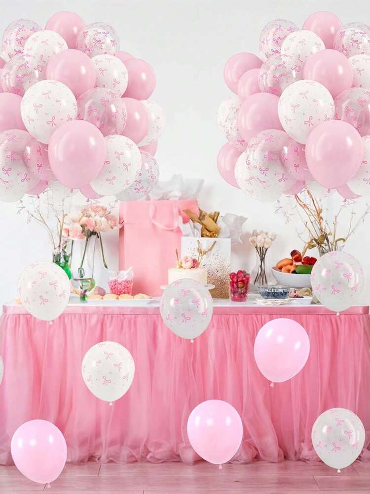 Conjunto de 60 balões de látex com laço rosa, balões de 12 polegadas com estampa de laço branco transparente rosa , decorações de festa de aniversário com tema de borboleta, adequados para aniversários femininos, despedidas de solteira, chá de panela, casamentos, aniversários e decorações de Natal - Rosa - Ver 6