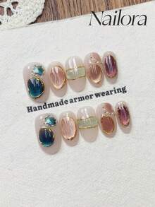 10片手工椭圆形美甲贴片，适合短款和中款指甲，简约粉绿紫配色，手绘不对称线条，色彩斑斓，猫眼造型，镶嵌仿珍珠，可爱简约优雅奢华手工人造指甲，秋季美甲贴片，多功能DIY美甲，适合派对、日常、约会、海滩、热带度假等场合，可重复使用，送给女性和女孩的礼物，美甲用品，手工贴片 - 彩色 - 查看 2