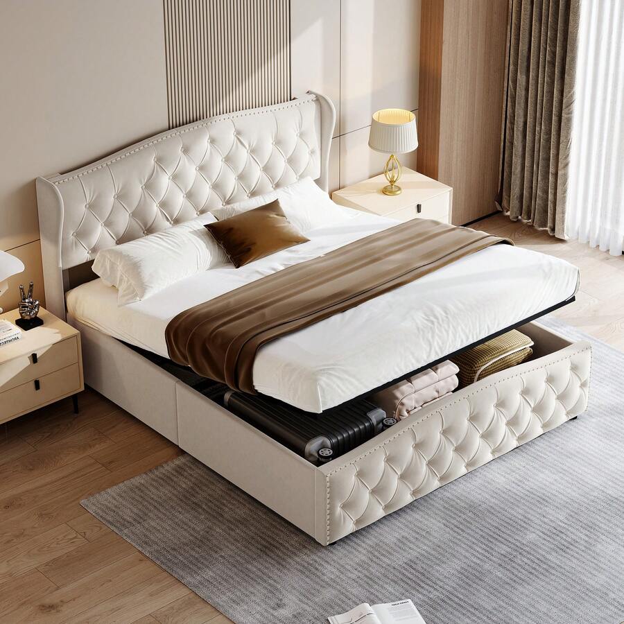 Caluself Letto Caluself Soft Pad – Letto matrimoniale con sistema di sollevamento idraulico – Letto Velvet Orange Wave – Adatto per camere da letto e camere degli ospiti