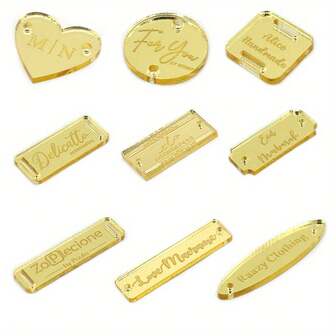 100 st. anpassade guldfärgade akryletiketter, olika former, klädetiketter, håletiketter, anpassad logotypdesign för presentförpackningsdekoration (denna produkt inkluderar endast akryletiketter, utan andra tillbehör)