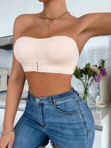 Set de 2 sujetadores sin tirantes acolchados en colores sólidos con cierre frontal, cómodos y sin aros, en negro + beige para mujeres - Multicolor - Ver 6