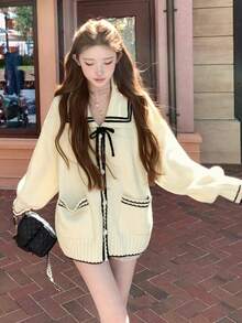 Áo len cardigan len dệt kim cổ cà vạt cỡ lớn phong cách hải quân - Màu be - Xem 5