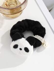 New Cute Panda Pearl Scrunchie Hair Tie, Sweet Cartoon Plush Pom Pom Ponytail/Bun Holder, Casual Elegant Bohemian Hair Accessories, Suitable For Spring, Summer, Autumn, Winter, Ponytail Holders, Hair Elastics, Hair Rubber Bands, Scrunchies, Hair Rope