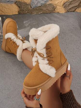 Botas de nieve hasta la pantorrilla para mujer, suela gruesa, con cordones, forradas y cálidas, adecuadas para el invierno