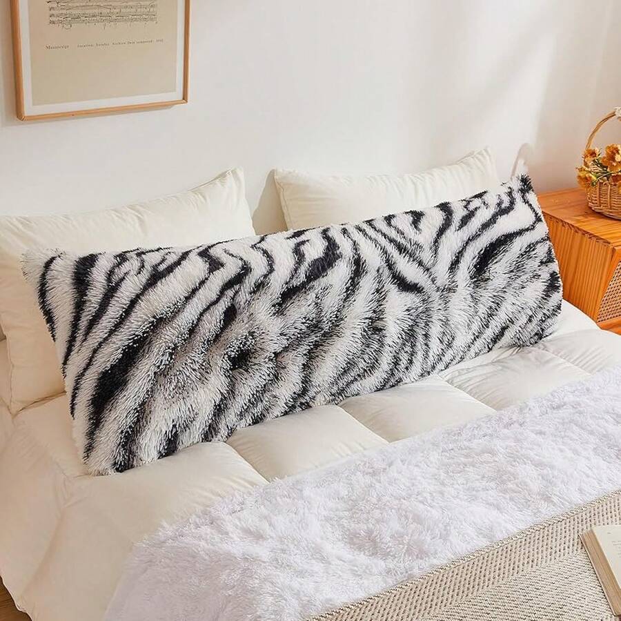 20x54 Fluffy Cheetah Print Body Pillow Cover, Leopard Print Plush Fuzzy Pillowcase With Zipper, Farmhouse Shaggy Long Pillow Cover Women Side Sleepers, Pink - 黑色斑馬紋 - 查看 1