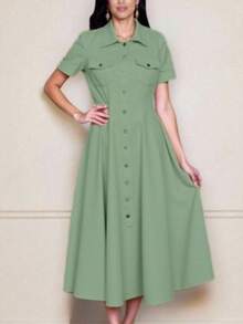 Women's Long Midi Dress With Buttons, Short Sleeves, With Pockets, Tailored Shirt, Elegant, Sensorial, Evangelical Fashion, Accentuated, Chemise 2026 - 墨綠色 - 查看 2