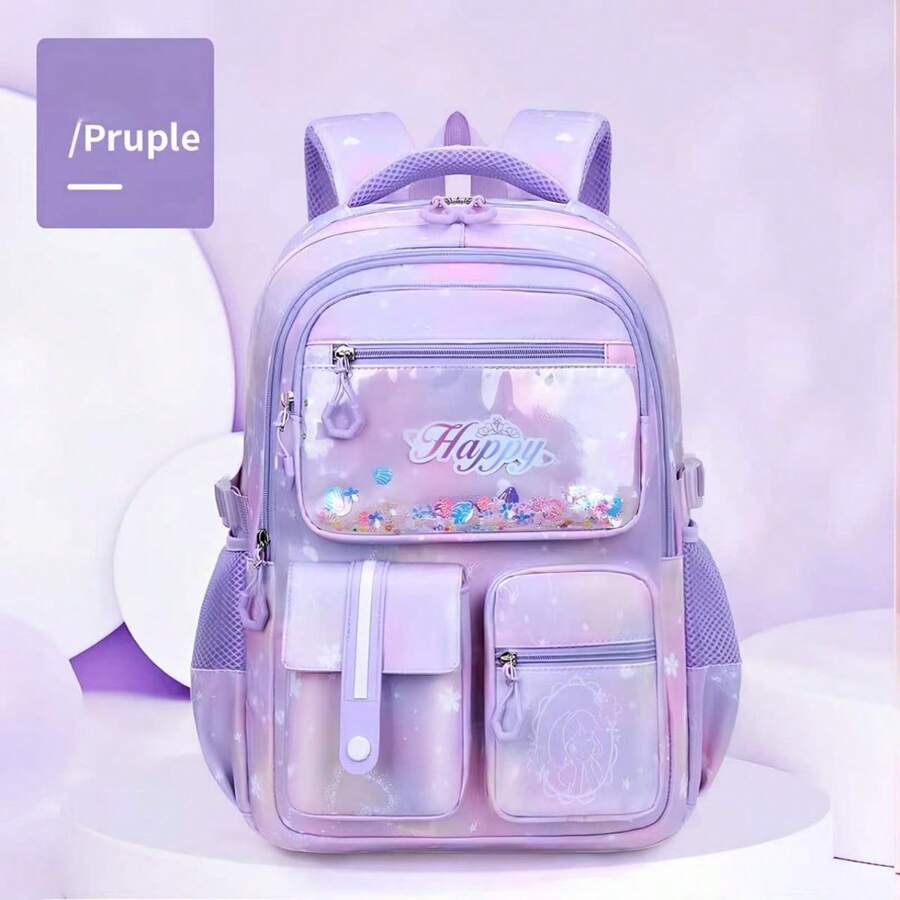 New Large Capacity Backpack For Girls, Student Backpack, Lightweight Backpack With Spine Protection, Children's Backpack - 淡紫色 - 查看 1