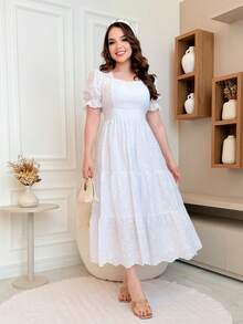 Elegant 3D Embroidered Laise Midi Dress In 100% Cotton With Puff Sleeves And Flared Skirt - 白色 - 查看 2