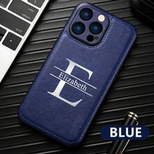 定制手机壳适用于 17 16 15 14 13 12 11 Pro Max 17 Air 16 15 14 Plus 兼容三星 Galaxy S25 S24 S23 S22 Ultra Plus 个性化首字母姓名壳 3D DIY 雕刻金色字母烫印技术皮革后盖奢华经典商务 PU 皮套节日礼物送给爱人朋友家人自己 - 藍色 - 查看 5